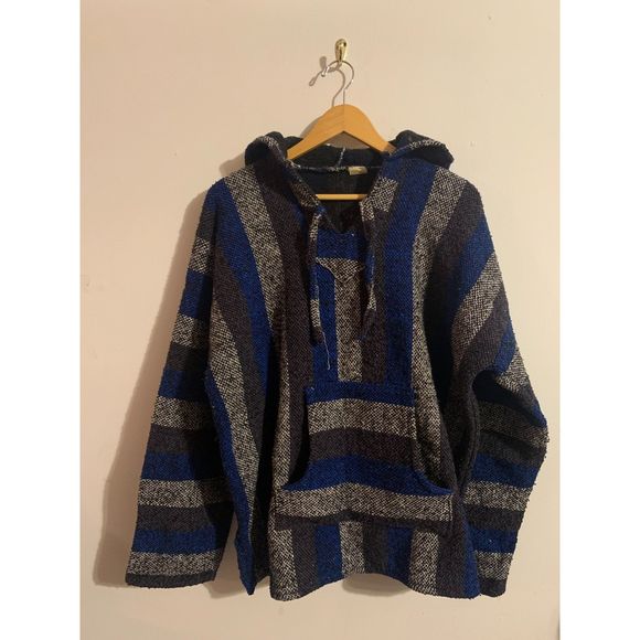 Vel-Mex XL Unisex Hooded Blue and Gray Long Sleeve Sweater Made in Mexico - Picture 1 of 8